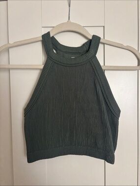 aerie Ribbed High-Neck Crop Tank Top - Olive